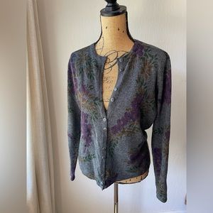 NINA LEONARD lambswool angora button up cardigan sweater floral knit
